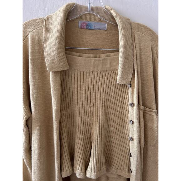 Free People Yellow Two Piece Button Up Sweater Short Set Ribbed | XS - Picture 2 of 7